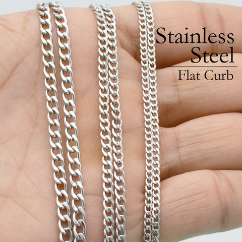 Stainless Steel Necklace for Women or Men, 16 18 20 22 24 30 Inches NK Cuban Link Chain Necklaces, Flat Curb Chain for Jewelry Making