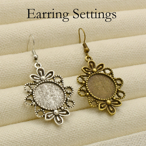 10 pcs - Flower Earrings, Charm Earring Bases, 12mm & 16mm Earring Bezel Blanks, Fancy Earring Setting