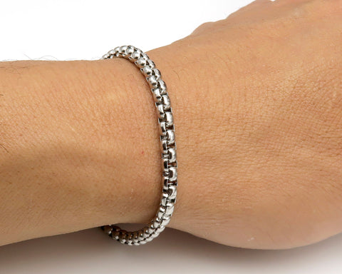 Men's or Ladies' Stainless Steel Simple Layering Stacking 4mm Rounded Box Chain Link Bracelet, Stackable Bracelets