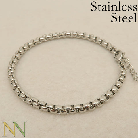 Men's or Ladies' Stainless Steel Simple Layering Stacking 4mm Rounded Box Chain Link Bracelet, Stackable Bracelets