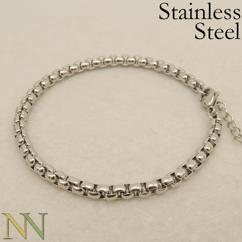 Men's or Ladies' Stainless Steel Simple Layering Stacking 4mm Rounded Box Chain Link Bracelet, Stackable Bracelets
