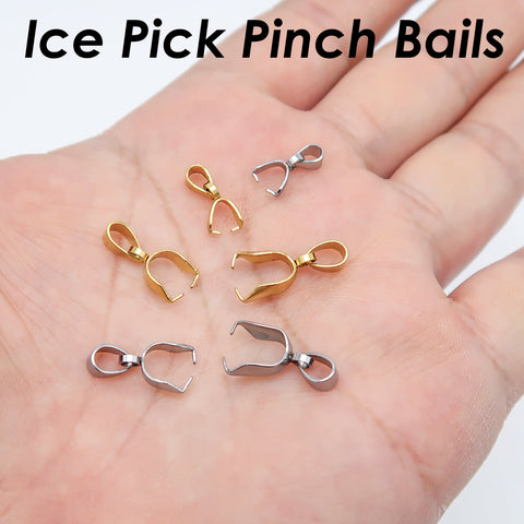 Ice Pick Bails Giold Silver, Stainless Steel Pinch Bail Clip Pendant Connectors Findings, Pinch Bails for Jewely Making