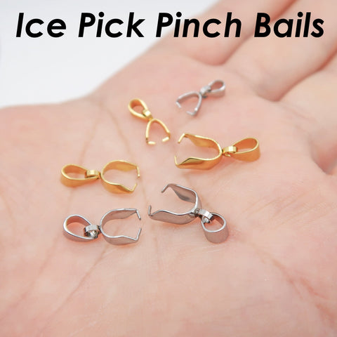 Ice Pick Bails Giold Silver, Stainless Steel Pinch Bail Clip Pendant Connectors Findings, Pinch Bails for Jewely Making