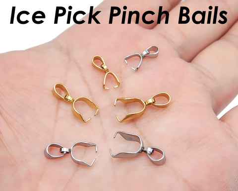 Ice Pick Bails Giold Silver, Stainless Steel Pinch Bail Clip Pendant Connectors Findings, Pinch Bails for Jewely Making