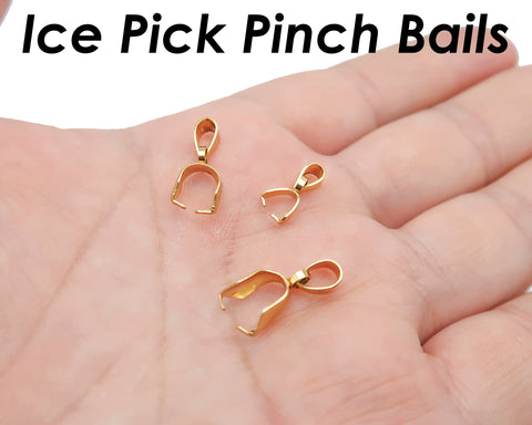 Ice Pick Bails Giold Silver, Stainless Steel Pinch Bail Clip Pendant Connectors Findings, Pinch Bails for Jewely Making