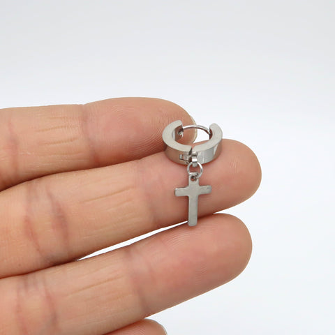Stainless Steel Cross Huggie Hoop Earrings Gold Silver Black Dangle Cross Hoops for Men or Women
