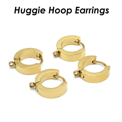 Huggie Hoop Earrings Stainless Steel, Muscly Black Silver Gold Huggie Earring Hoops with Loop, Huggie Hoop Earring Findings