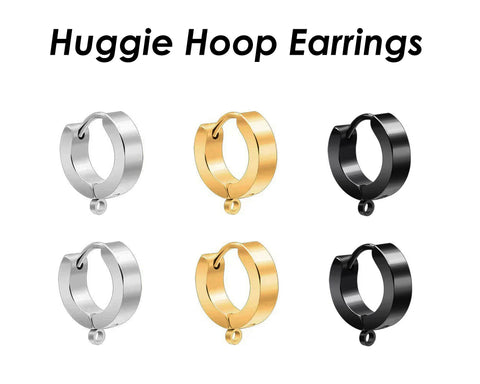 Huggie Hoop Earrings Stainless Steel, Muscly Black Silver Gold Huggie Earring Hoops with Loop, Huggie Hoop Earring Findings