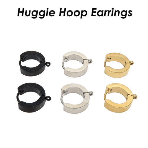 Huggie Hoop Earrings Stainless Steel, Muscly Black Silver Gold Huggie Earring Hoops with Loop, Huggie Hoop Earring Findings