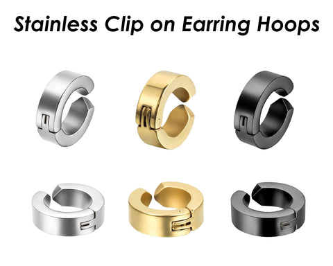 Stainless Steel Earring Hoops for Men Women, Clip On Hoop Earrings, Hinged Hoop Earrings Gold Silver Black, No Piercing Earrings