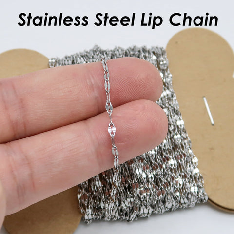 Lip Chain Stainless Steel Chain Gold Silver, Bulk Chain by the Feet Yard Length Spool, Bulk Stainless Steel Chain for Jewelry Making