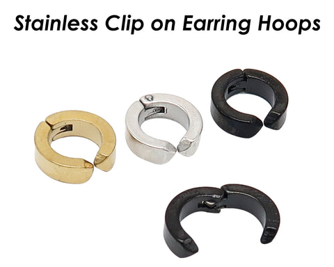 Stainless Steel Earring Hoops for Men Women, Clip On Hoop Earrings, Hinged Hoop Earrings Gold Silver Black, No Piercing Earrings