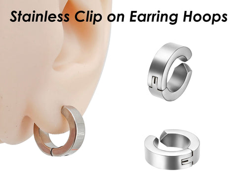 Stainless Steel Earring Hoops for Men Women, Clip On Hoop Earrings, Hinged Hoop Earrings Gold Silver Black, No Piercing Earrings