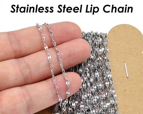 Lip Chain Stainless Steel Chain Gold Silver, Bulk Chain by the Feet Yard Length Spool, Bulk Stainless Steel Chain for Jewelry Making