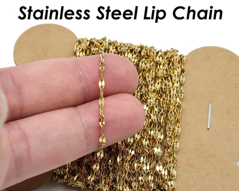 Lip Chain Stainless Steel Chain Gold Silver, Bulk Chain by the Feet Yard Length Spool, Bulk Stainless Steel Chain for Jewelry Making