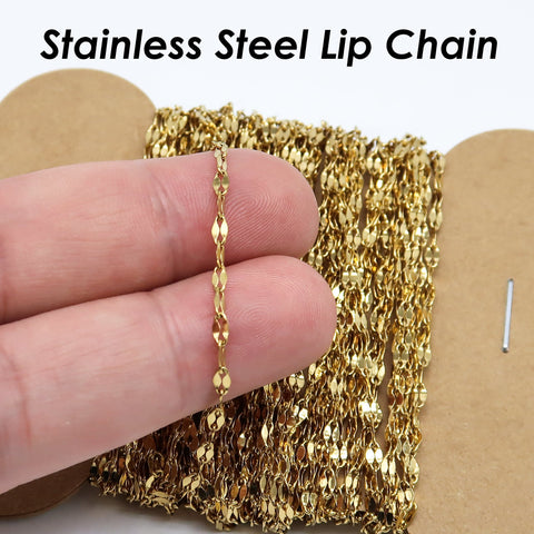 Lip Chain Stainless Steel Chain Gold Silver, Bulk Chain by the Feet Yard Length Spool, Bulk Stainless Steel Chain for Jewelry Making