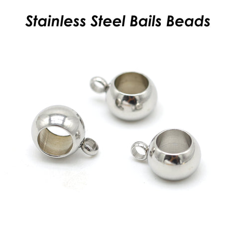 20 pcs Stainless Steel Bail Beads Large Hole, Round Spacer Beads with Loop