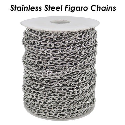 10 Feet Figaro Chain Bulk Wholesale, Stainless Steel Figaro Chain Gold Silver, Bulk Figaro Chain for Necklace Bracelet Jewelry Making