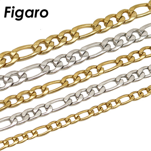 10 Feet Figaro Chain Bulk Wholesale, Stainless Steel Figaro Chain Gold Silver, Bulk Figaro Chain for Necklace Bracelet Jewelry Making
