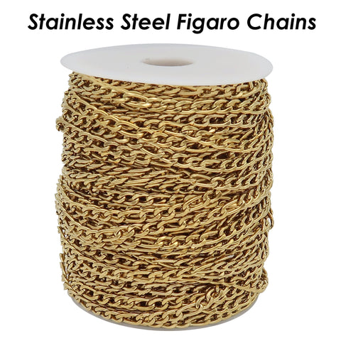 10 Feet Figaro Chain Bulk Wholesale, Stainless Steel Figaro Chain Gold Silver, Bulk Figaro Chain for Necklace Bracelet Jewelry Making