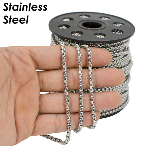 10 Feet x Round Box Chain Gold Silver Black, Stainless Steel Box Chain for Men Women, Stainless Steel Chain for Jewelry Making