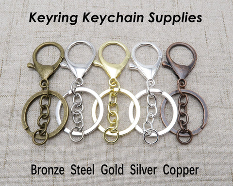 Key Chain Keyring, Big Lobster Clasp Hook + Chain + Key Ring + Jump rings Bronze Gold Copper Silver Gold Keychain Supplies