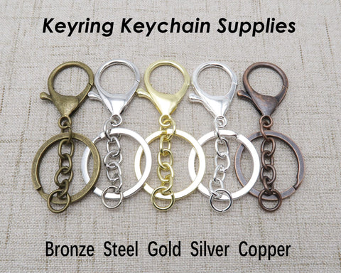Key Chain Keyring, Big Lobster Clasp Hook + Chain + Key Ring + Jump rings Bronze Gold Copper Silver Gold Keychain Supplies