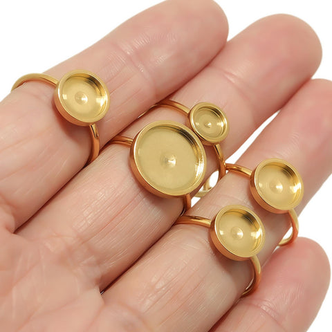 10 x Stainless steel Ring Base Gold Silver, Adjustable Ring Blanks, Round Bezel Ring Setting, Finger Ring Tray for Jewelry Making