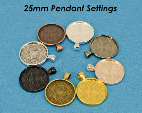 25mm Round Pendant Tray Pendant Blanks, 1 inch Round Bezel Cup, Cabochon Setting - Silver Bronze Copper Gold Gunmetal Black