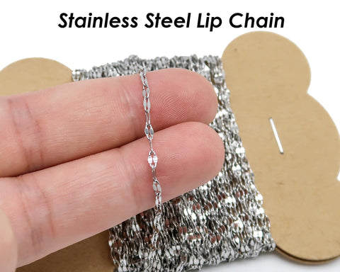Lip Chain Stainless Steel Chain Gold Silver, Bulk Chain by the Feet Yard Length Spool, Bulk Stainless Steel Chain for Jewelry Making