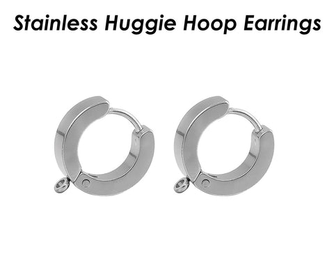 Huggie Hoop Earrings Stainless Steel, Muscly Black Silver Gold Huggie Earring Hoops with Loop, Huggie Hoop Earring Findings
