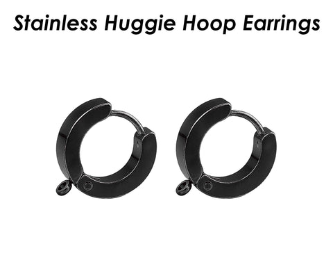 Huggie Hoop Earrings Stainless Steel, Muscly Black Silver Gold Huggie Earring Hoops with Loop, Huggie Hoop Earring Findings