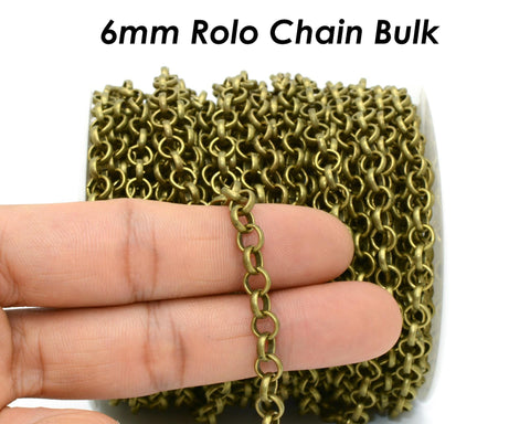 10 Feet x 6mm Rolo Chain Bulk by Foot, Bronze Gold Silver Rolo Link Chain for Jewelry Making, Chunky Chain by the Yard Length Spool