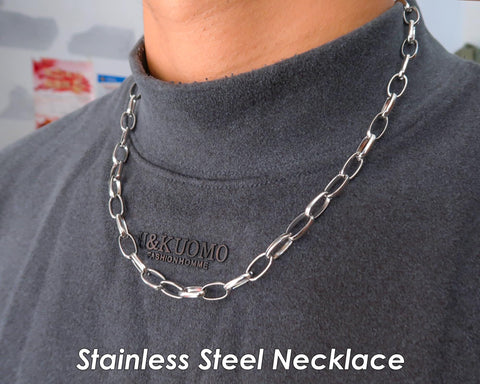 Stainless Steel Necklace Men Women, Big Oval Link Chain Necklace Silver Tone, Thick Drawn Cable Chain Choker Jewelry, Toggle Clasp Necklace