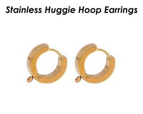 Huggie Hoop Earrings Stainless Steel, Muscly Black Silver Gold Huggie Earring Hoops with Loop, Huggie Hoop Earring Findings