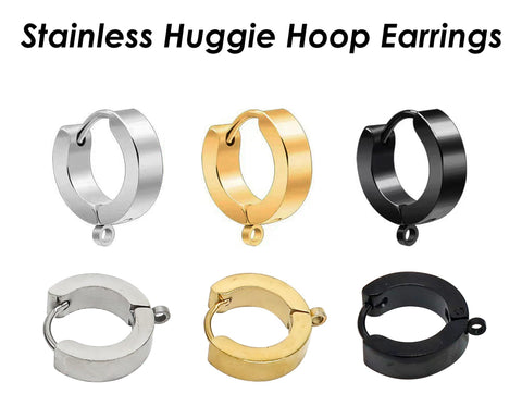 Huggie Hoop Earrings Stainless Steel, Muscly Black Silver Gold Huggie Earring Hoops with Loop, Huggie Hoop Earring Findings