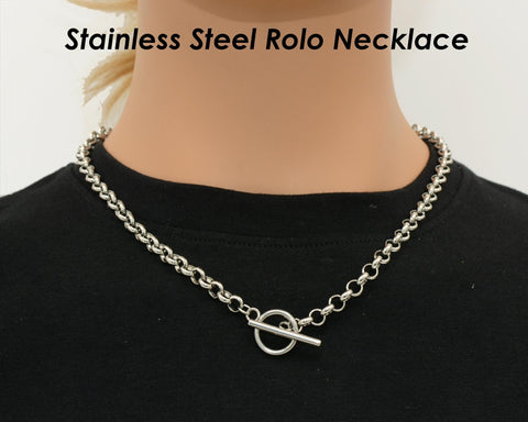 6mm Rolo Necklace Gold Silver Stainless Steel Necklace for Women Men, Rolo Link Chain Toggle Clasp Necklace