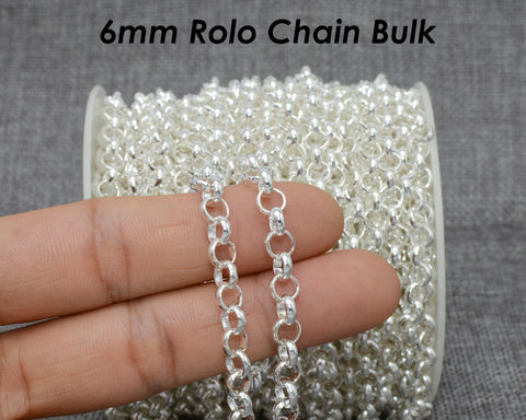 10 Feet x 6mm Rolo Chain Bulk by Foot, Bronze Gold Silver Rolo Link Chain for Jewelry Making, Chunky Chain by the Yard Length Spool