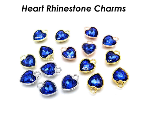Heart Rhinestone Charms Silver, Rose Gold, Shiny Gold Blue Rhinestone Beads Jewelry Supplies for Earrings, Necklace Bracelet Making