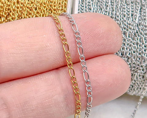 Dainty Figaro Chain Stainless Steel Figaro Link Chain Gold Silver, Dainty Chain Bulk Stainless Steel Chain for Jewelry Making