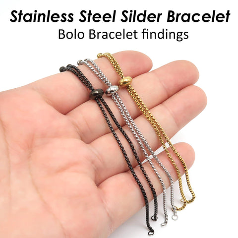 Silder Bracelet Blanks, Sliding Adjustable Bracelet, Stainless Steel Box Chain Bracelet with Slider Clasp, Bolo Bracelet for Jewelry Making
