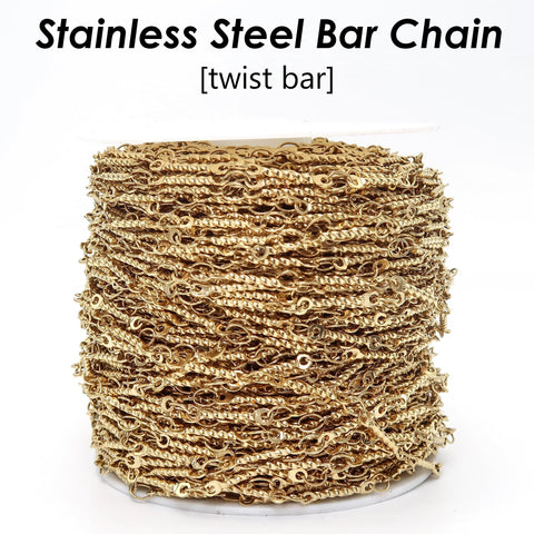 Twist Bar Chain Stainless Steel Chain Bulk by Foot Lenght Roll, Bar Link Chain Gold Silver, Delicate Chain Dainty Chain for Jewelry Making
