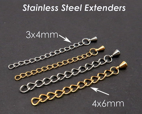 Stainless Steel Chain Extender Gold Silver, 2 Inch Extender Chain for Necklace or Bracelet Jewelry Making, Tail Chain Extension with Charms