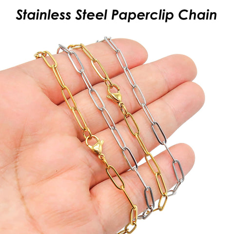 PaperClip Necklace Stainless Steel Paper Clip Chain Gold Silver Tone, Rectangle Link Paper Clip Necklace for Women or Men
