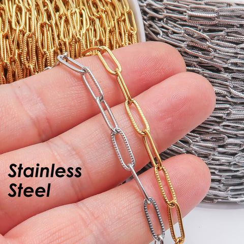 Pattern Paperclip Chain Stainless Steel Paperclip Chain Gold Silver for Necklace Bracelet, Bulk Paper Clip Chain by the Yard Foot Meter Roll
