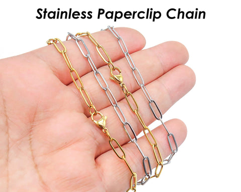 PaperClip Necklace Stainless Steel Paper Clip Chain Gold Silver Tone, Rectangle Link Paper Clip Necklace for Women or Men