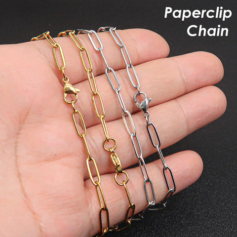 PaperClip Necklace Stainless Steel Paper Clip Chain Gold Silver Tone, Rectangle Link Paper Clip Necklace for Women or Men