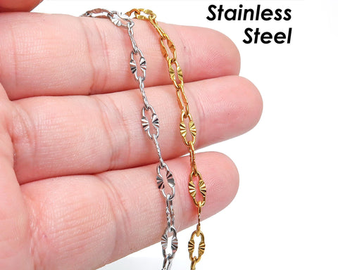 Diamond Cut Sparkle Chain, Textured Cable Chain, Paperclip Chain Gold Silver, Bulk Stainless Steel Chain for Jewelry Making