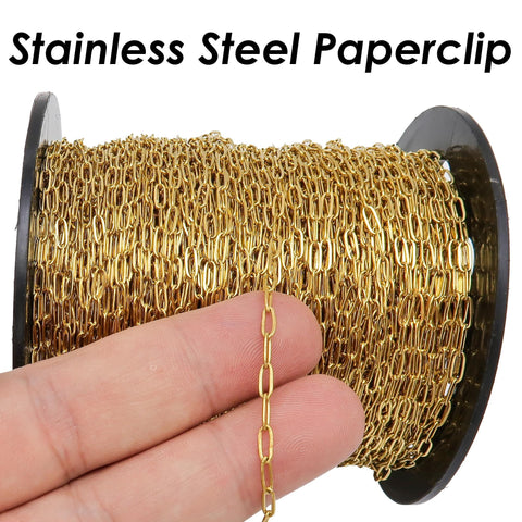 Stainless Steel Paper Clip Chain Black Silver Gold Paperclip Chain for Necklace Bracelet, Bulk Stainless Steel Chain for Jewelry Making