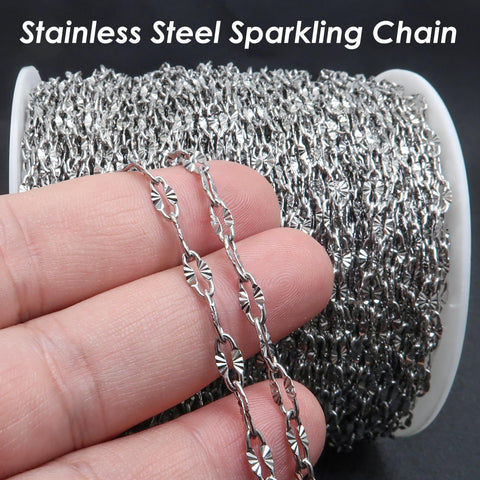 Diamond Cut Sparkle Chain, Textured Cable Chain, Paperclip Chain Gold Silver, Bulk Stainless Steel Chain for Jewelry Making